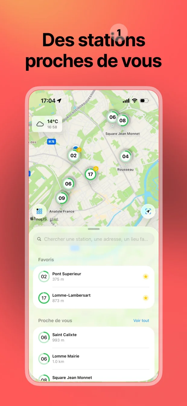 Mon Vélo Lillois : la carte des stations V'Lille, les favoris et les stations proches.