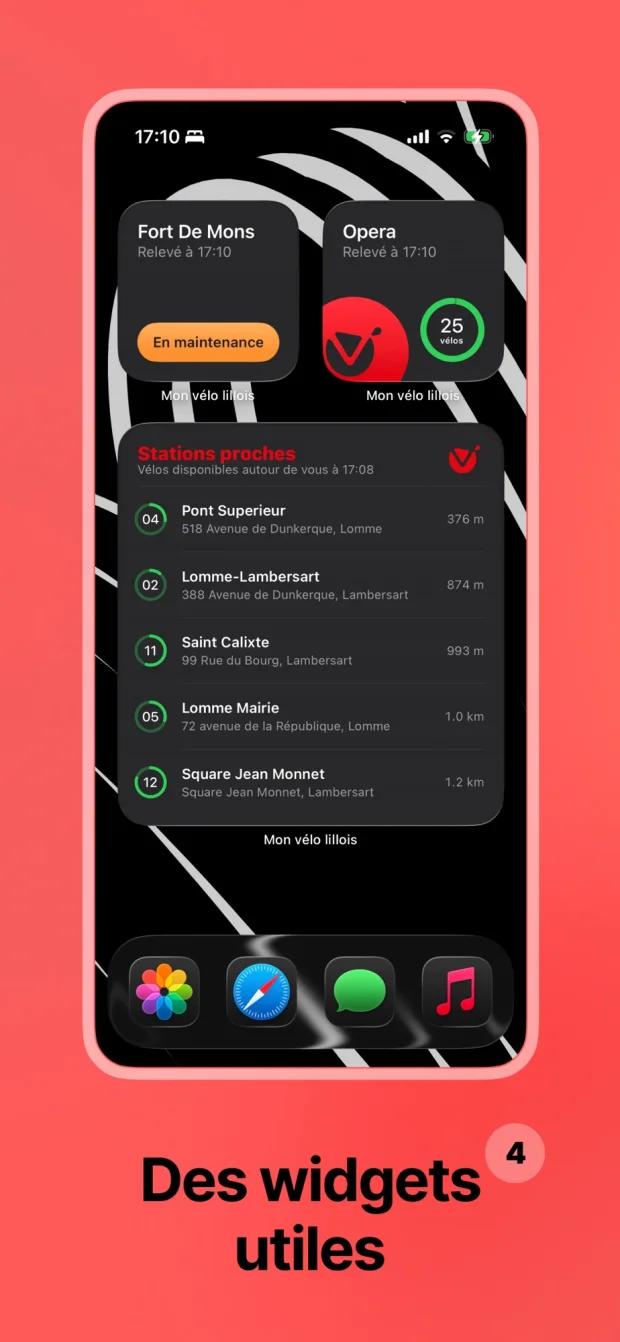 Mon Vélo Lillois : les widgets de l'écran d'accueil, avec les stations proches.